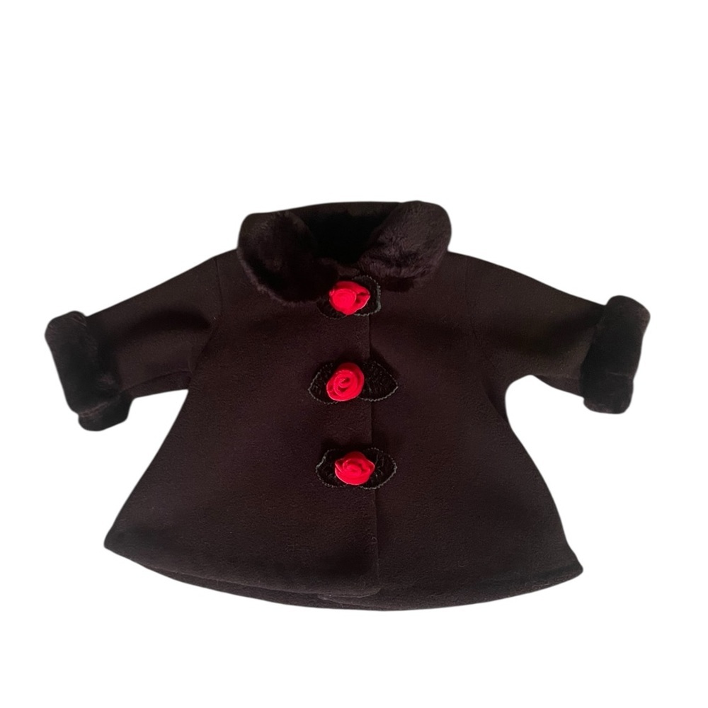 Black Faux Fur Coat with Red Rose Fasteners Infant Baby Size 3 Months​